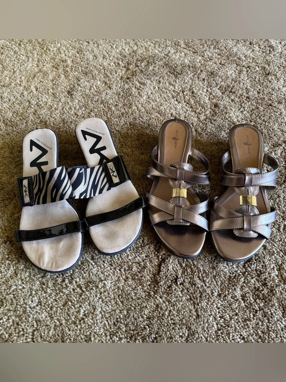 Black + brown Anne Klein Sport heel sandals and gold Jaclyn Smith heel sandals